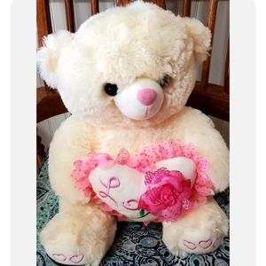 Teddy Bear 13"x17" beige color with heart pink Rose